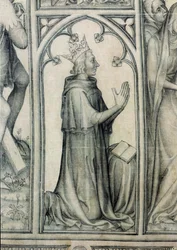 Das Parement von Narbonne, Detail von Karl V. (1338-80) beim Beten, um 1375 (Grisaille auf Seide) (Detail)